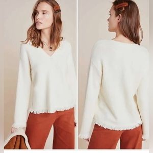 Anthropologie Joy Fringed V-Neck Sweater White Cream Wool Alpaca Blend Small
